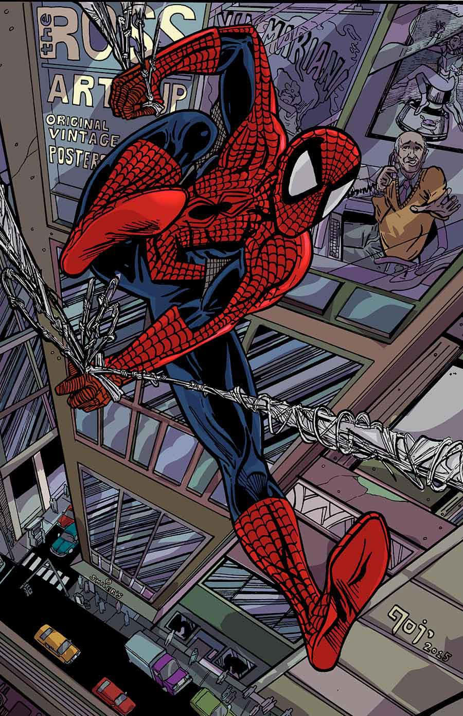 Spiderman Swinging Through City Wallpaper