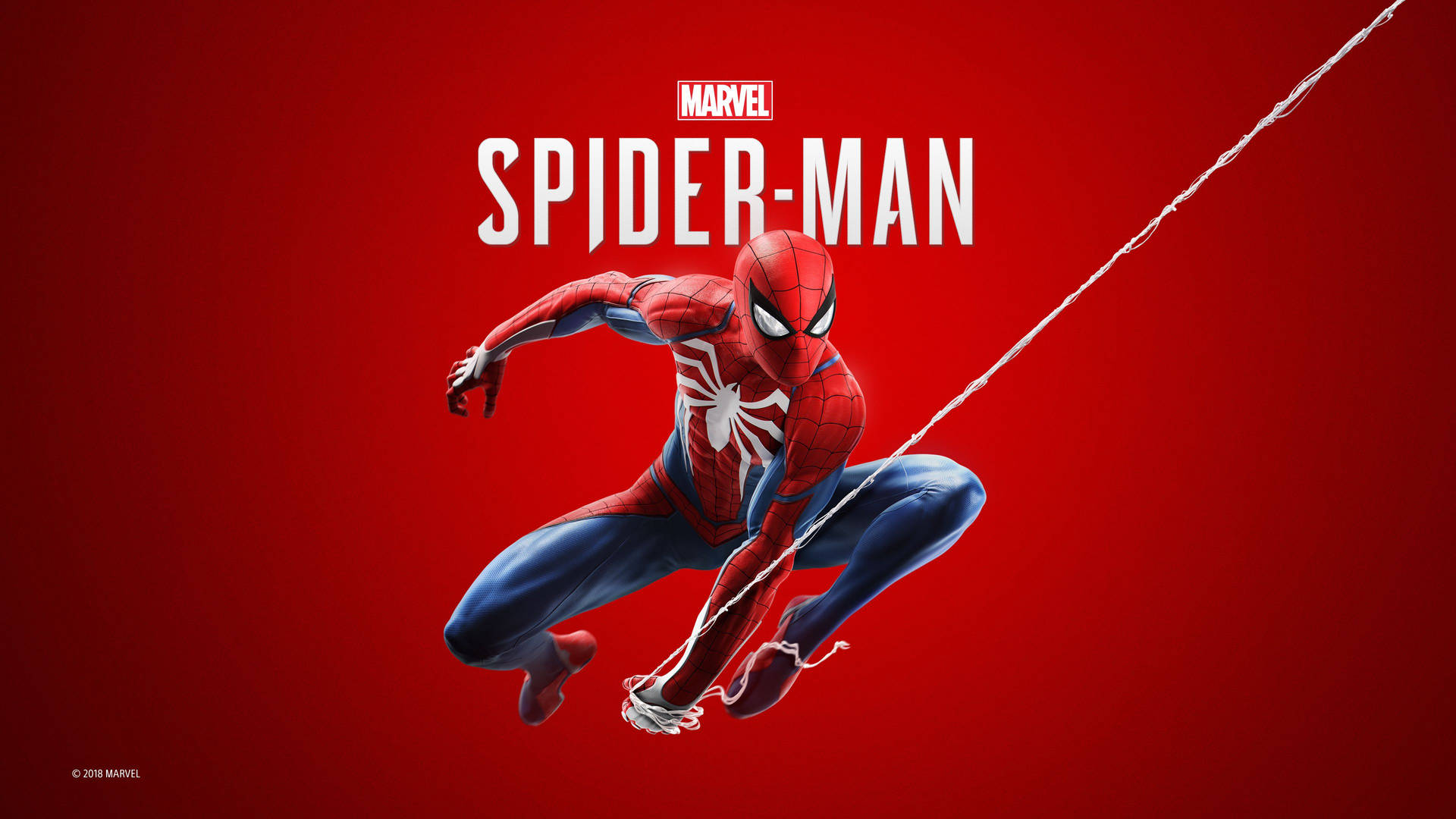 Spiderman holding on his spider web on a red background, Marvel super heroes.