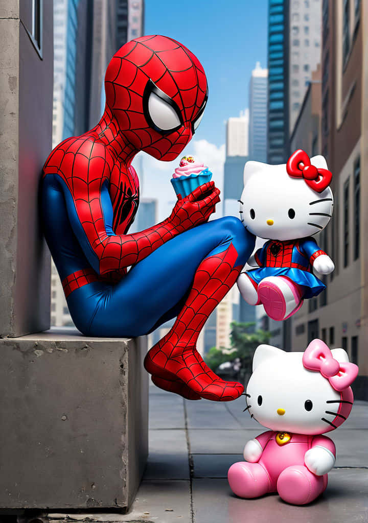 Spidermanand Hello Kitty City Meetup Wallpaper