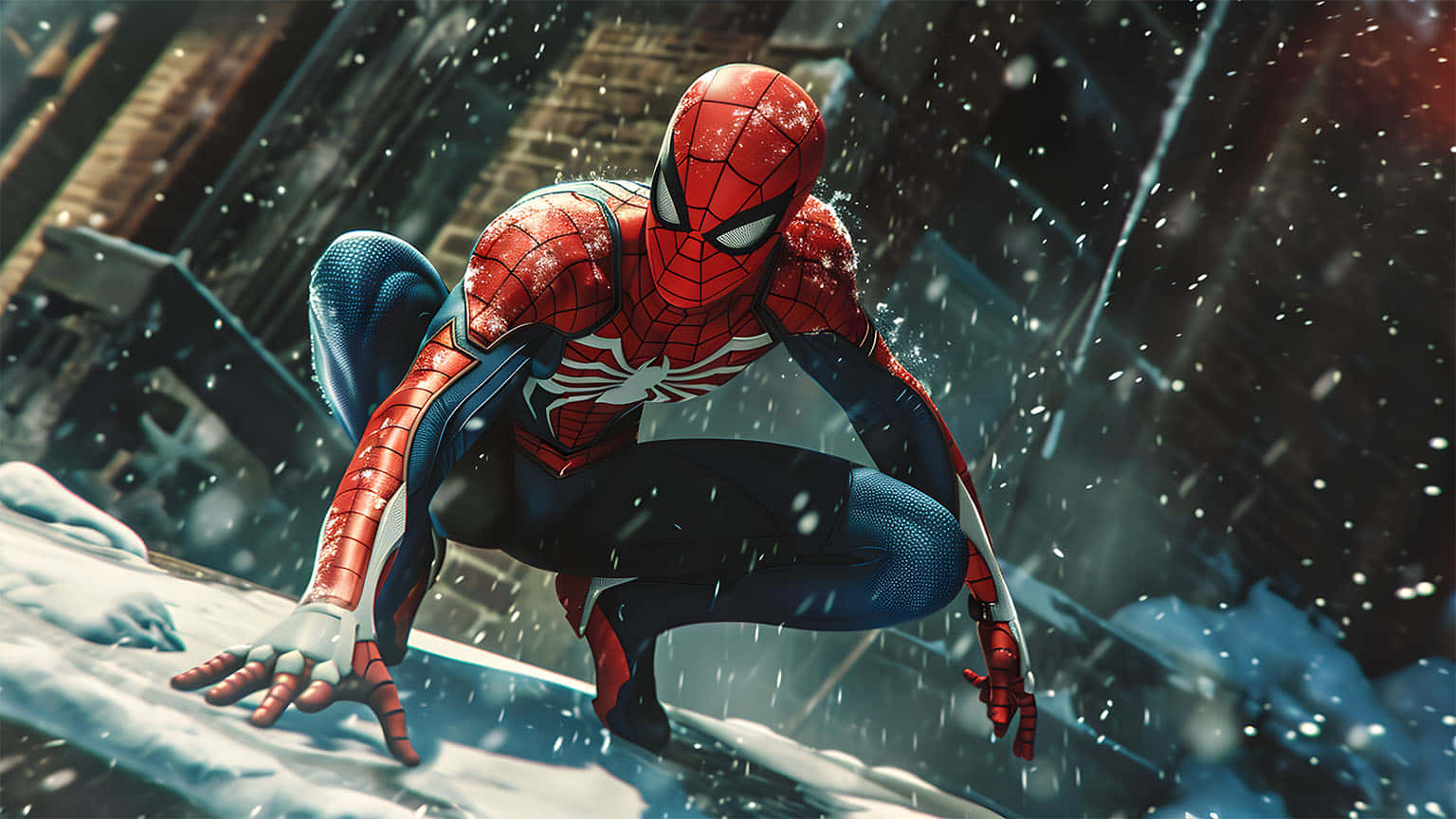 Spidermanin Action Snowy Cityscape.jpg Wallpaper
