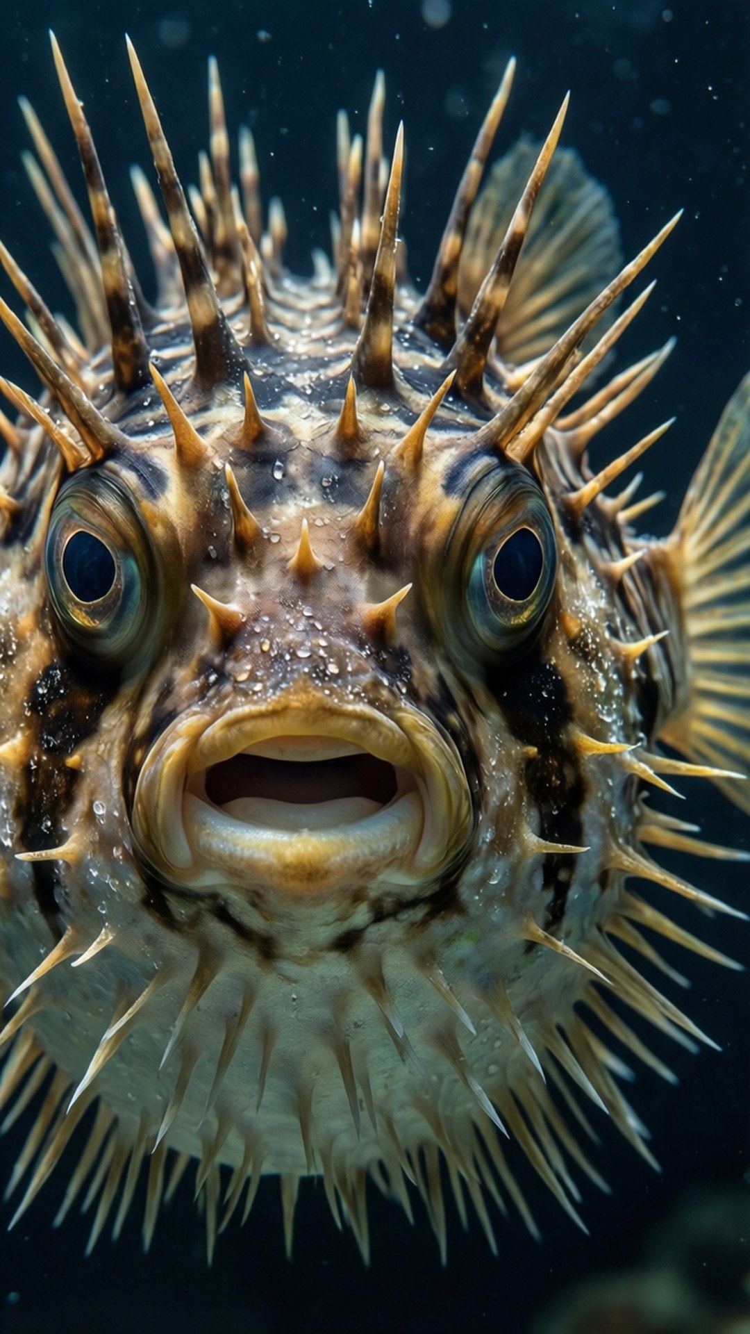 A close-up wallpaper of a puffer fish with fully erected spines