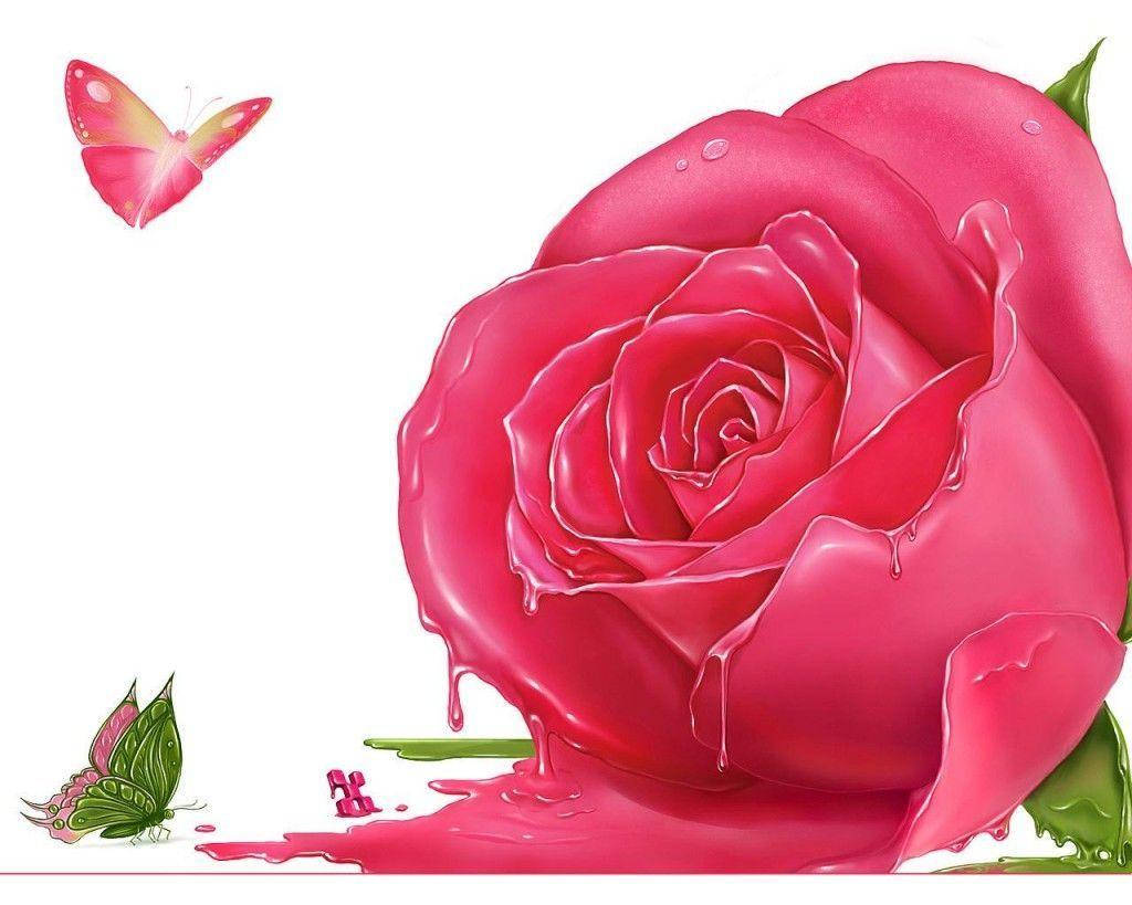 Spil Pink Rose Med Butterfly Wallpaper