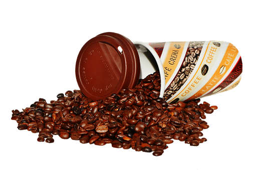 Spilled Coffee Beansand Cup PNG