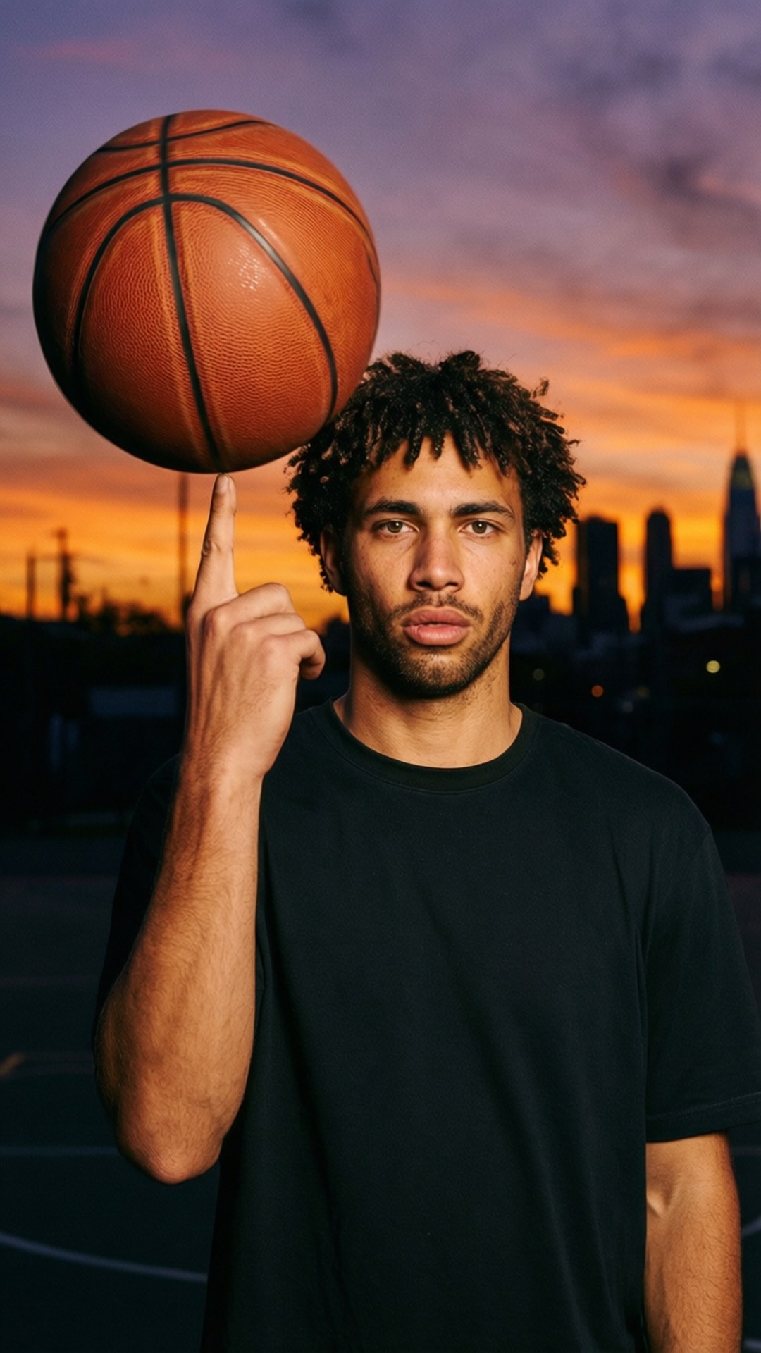 Cam Whitmore memutar bola basket di jarinya dengan latar belakang kota saat matahari terbenam.