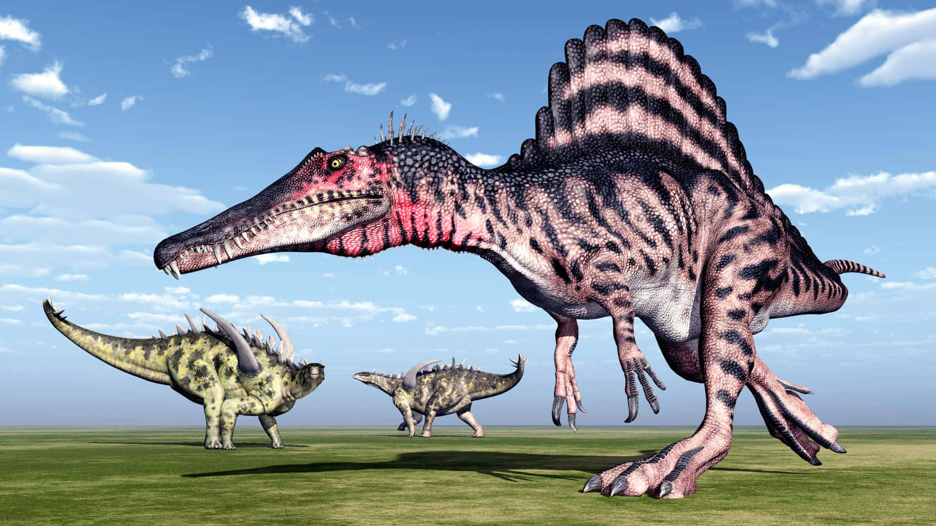 A wild Spinosaurus walking through a prehistoric jungle Wallpaper