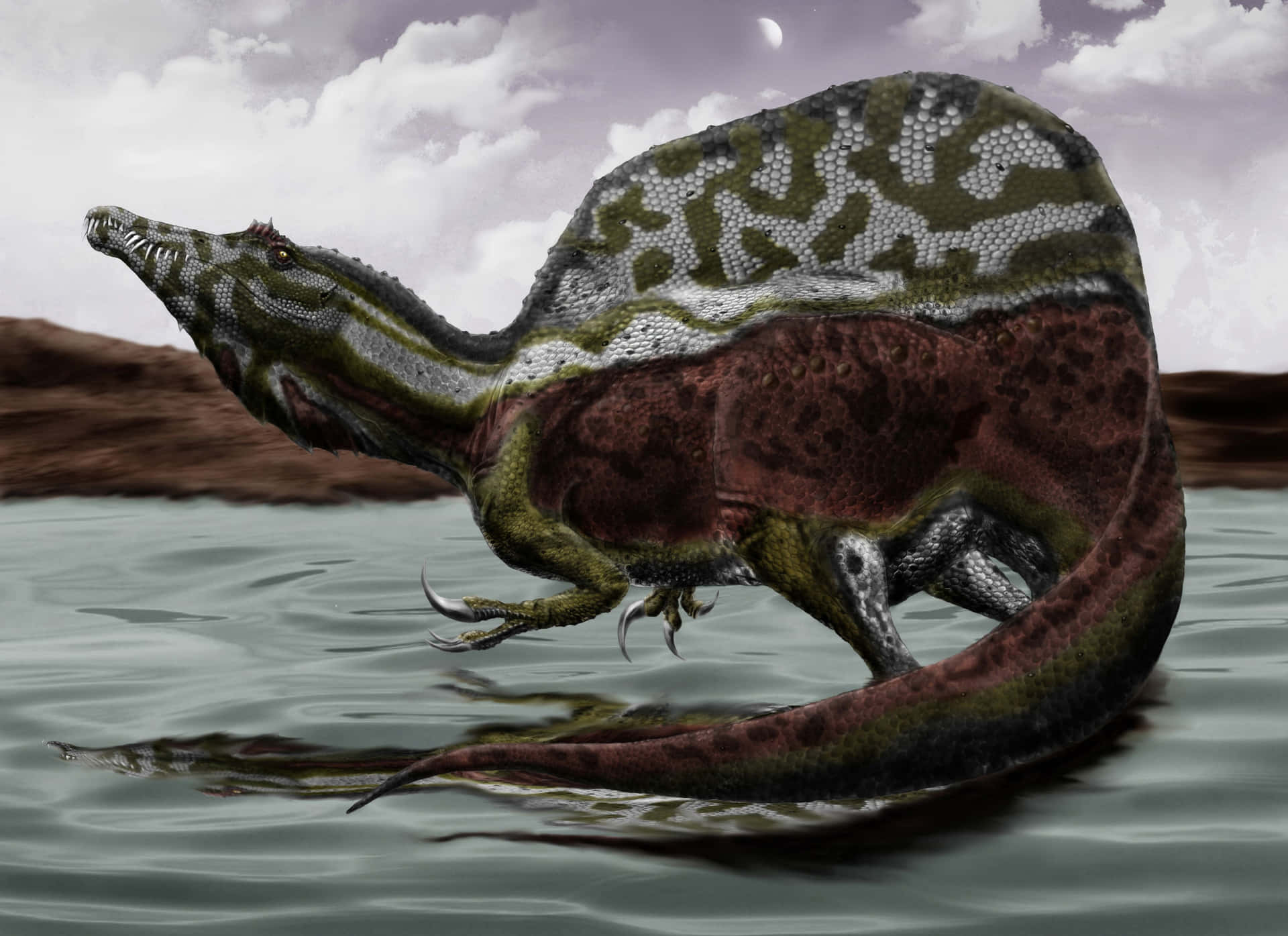 En stor dinosaur står i vandet. Wallpaper