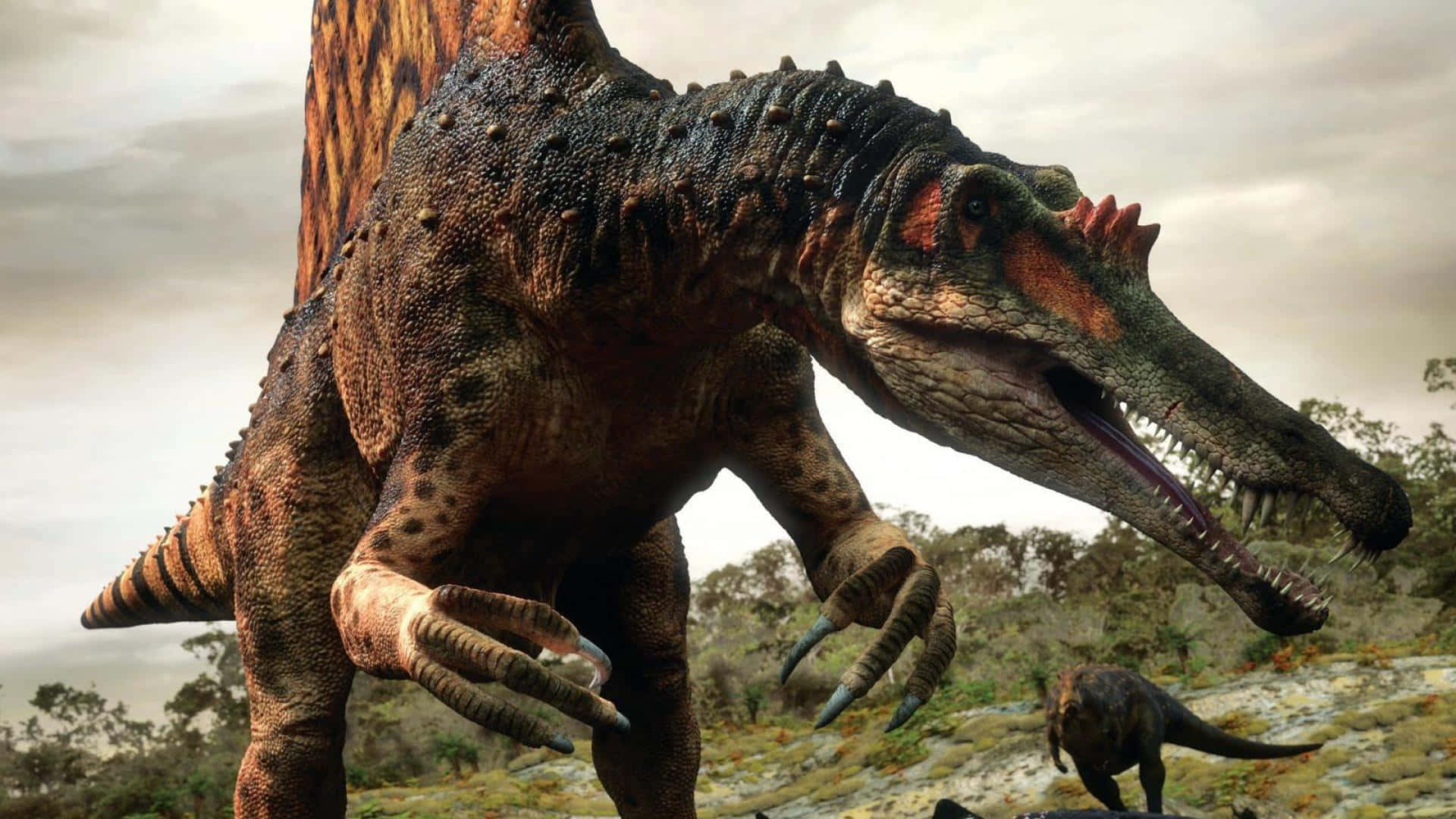 Enhäpnadsväckande Spinosaurus Som Går Genom Den Antika Dalen. Wallpaper