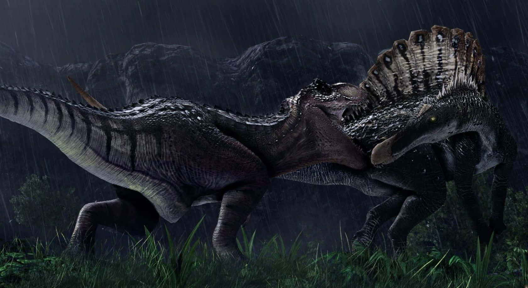 Dosdinosaurios Están Peleando Bajo La Lluvia. Fondo de pantalla