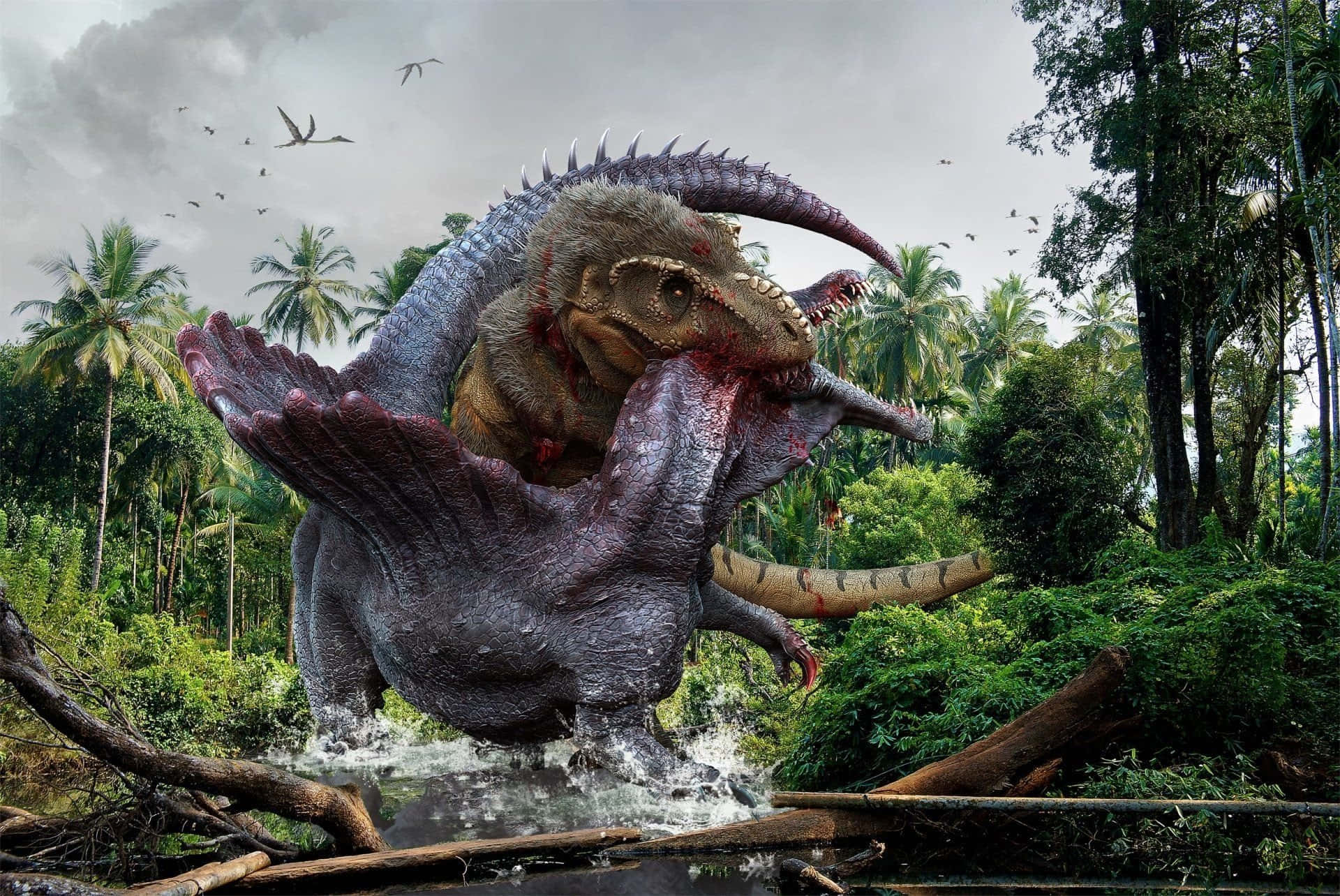 En dinosaur kæmper med en anden dinosaur i junglen. Wallpaper