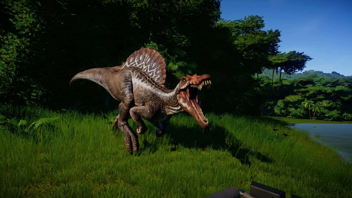 Den kolossale forhistoriske rovdyr, Spinosaurus, hersker over den luftige forhistoriske jungle. Wallpaper