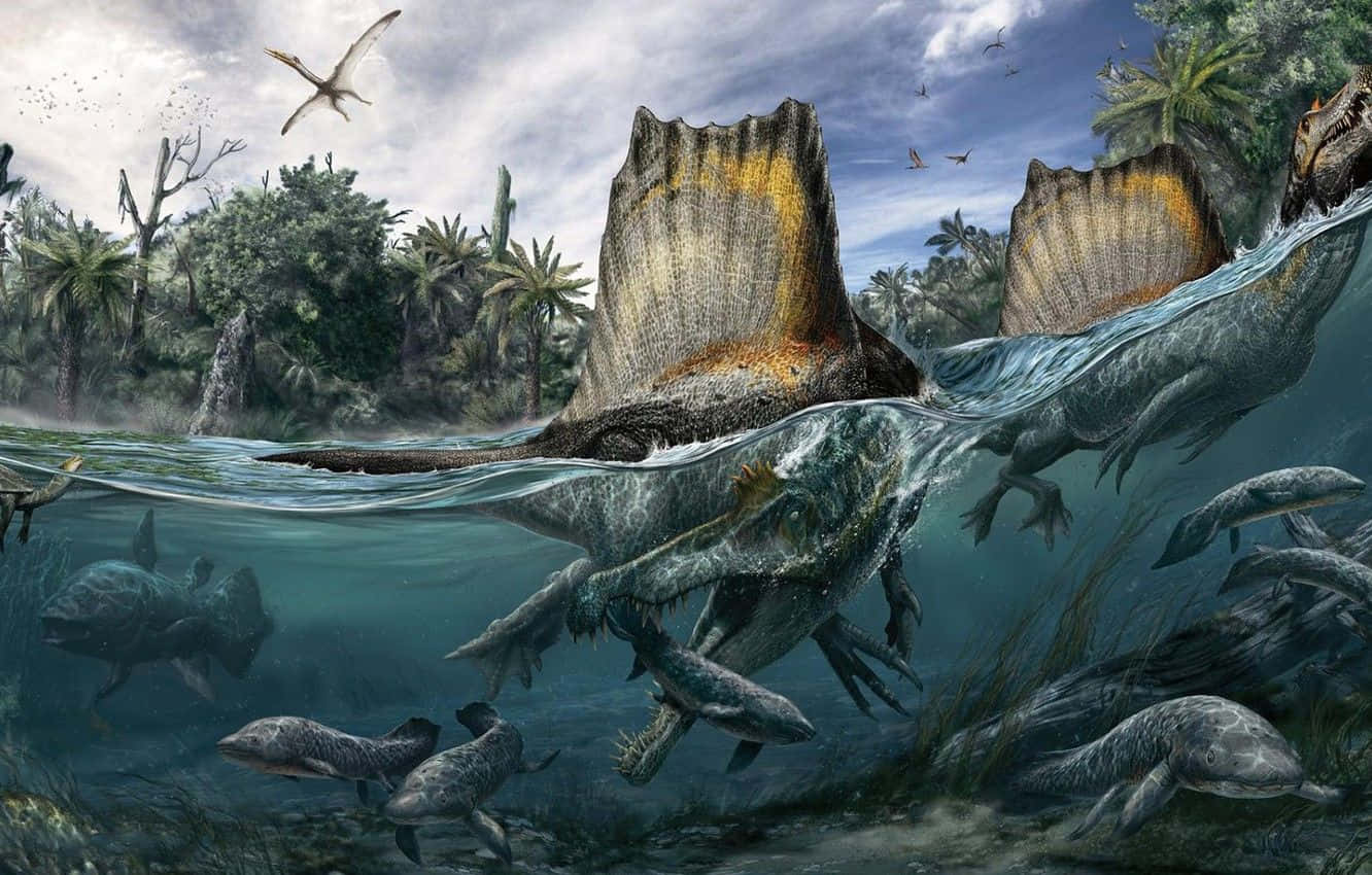 Spinosaurus jagter fisk på et tropisk og farverigt hav Wallpaper