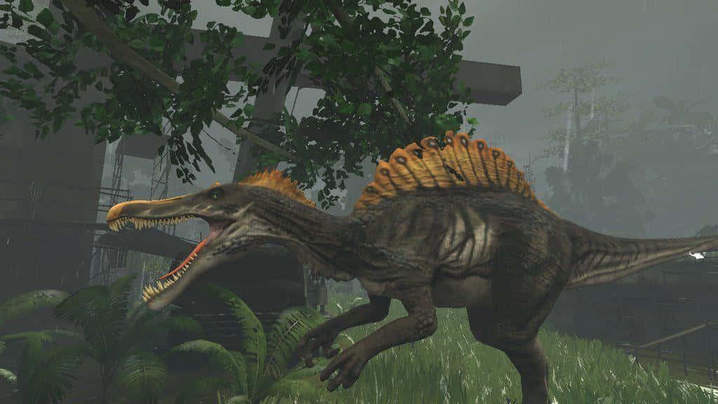 Undinosaurio Está Caminando Por Un Bosque. Fondo de pantalla