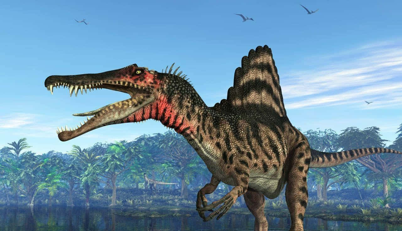 A fearsome Spinosaurus depicted in the artwork of John Donahue Wallpaper