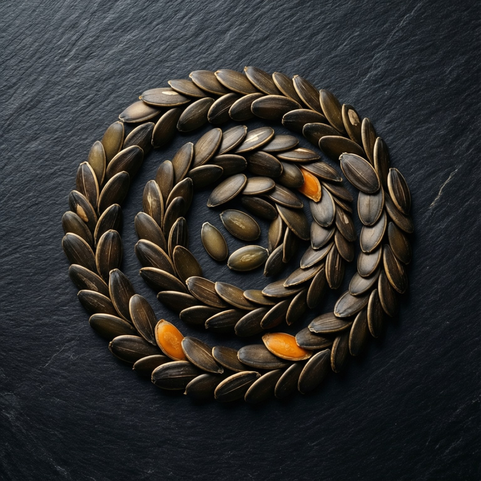 Græskarfrø omhyggeligt arrangeret i en spiral på skifer, minimalistisk æstetik.