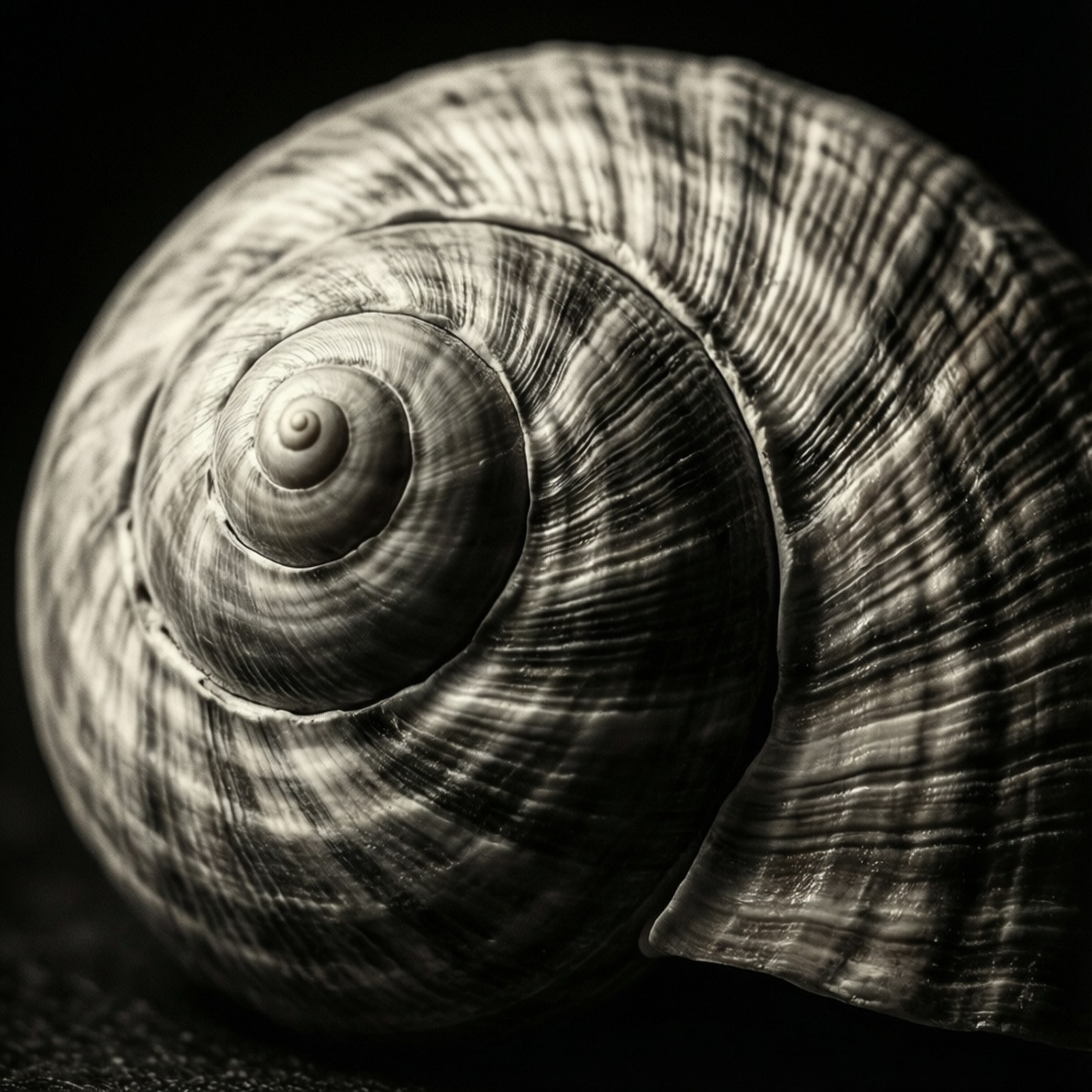 Macro close-up of queen conch spiral, black and white