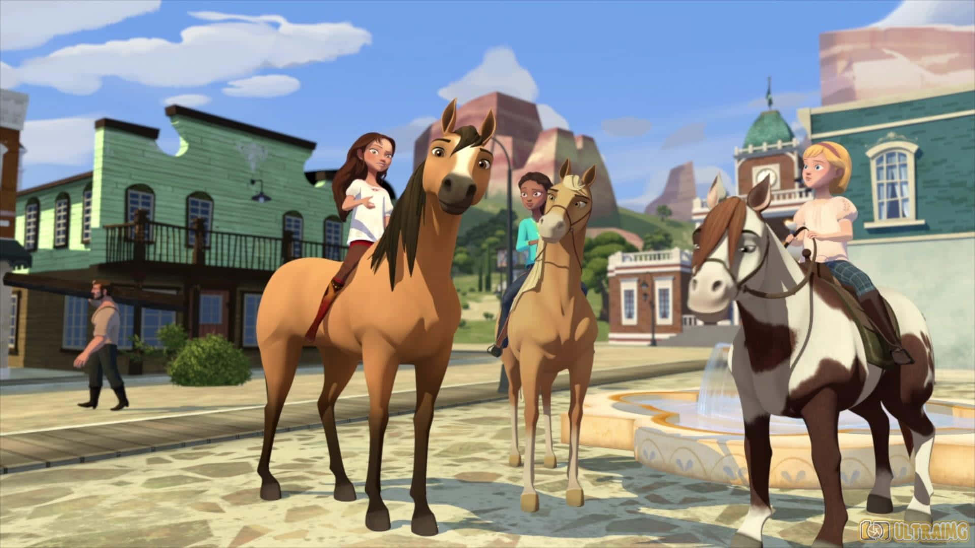A Group Of People On Horses In A Cartoon Wallpaper