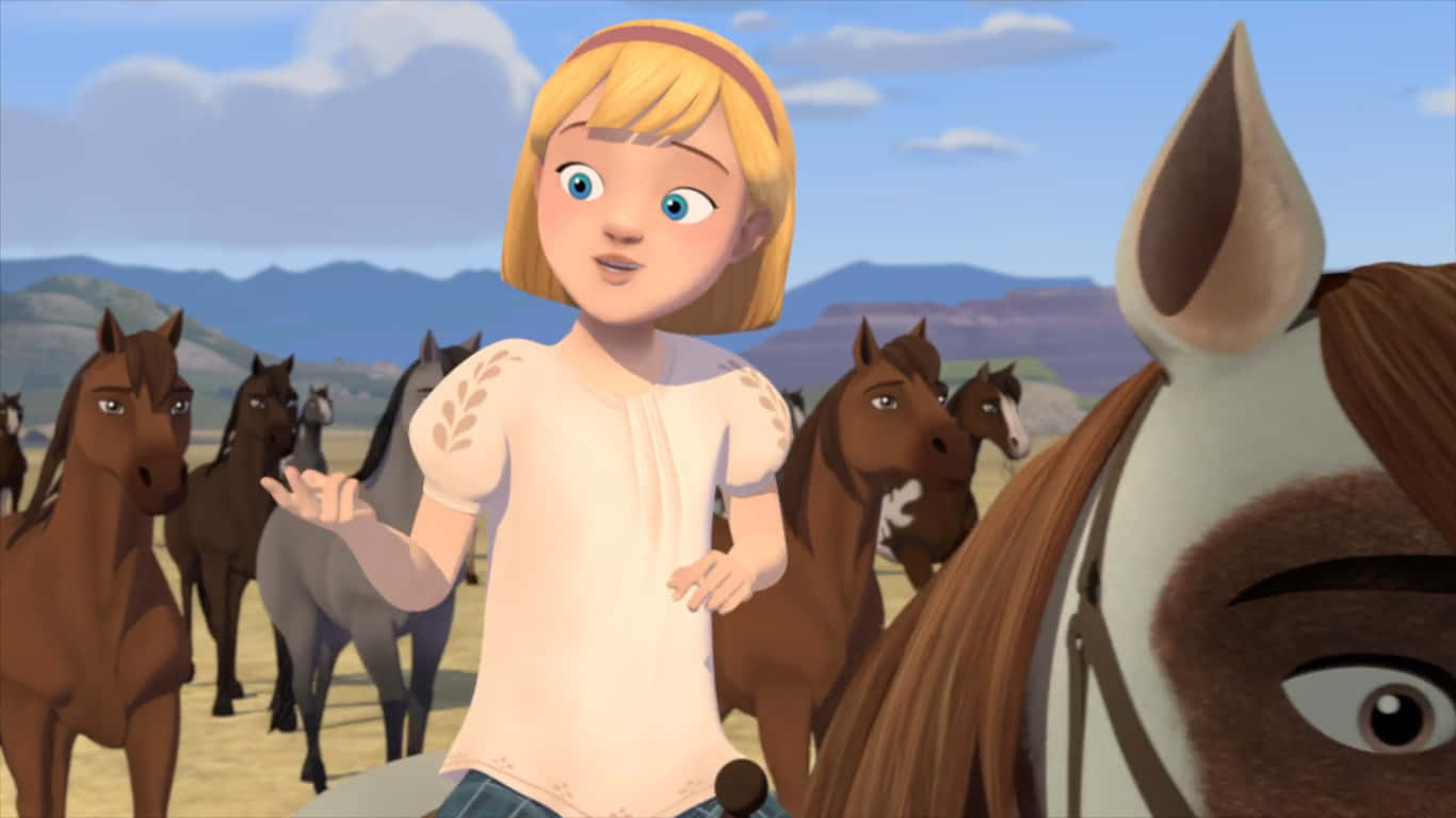 En pige står ved siden af en hest i en eng Wallpaper