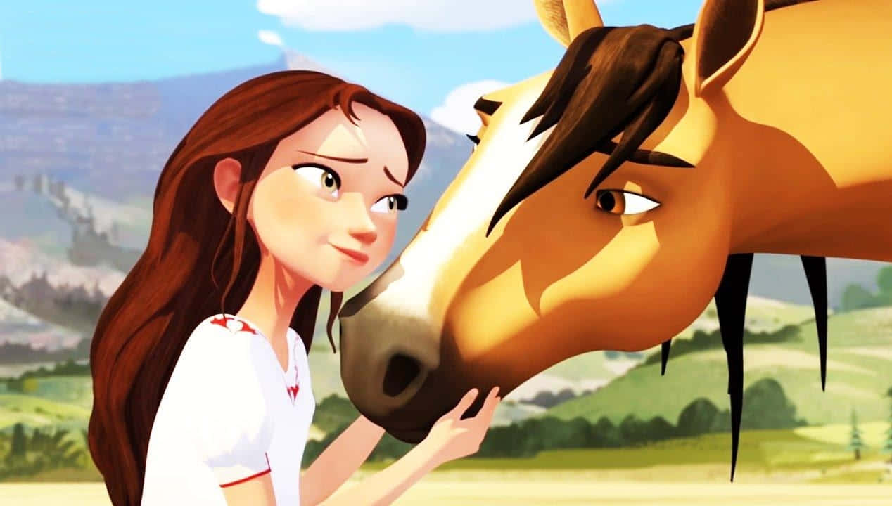 Unaragazza Accarezza Un Cavallo In Un Film Animato Sfondo