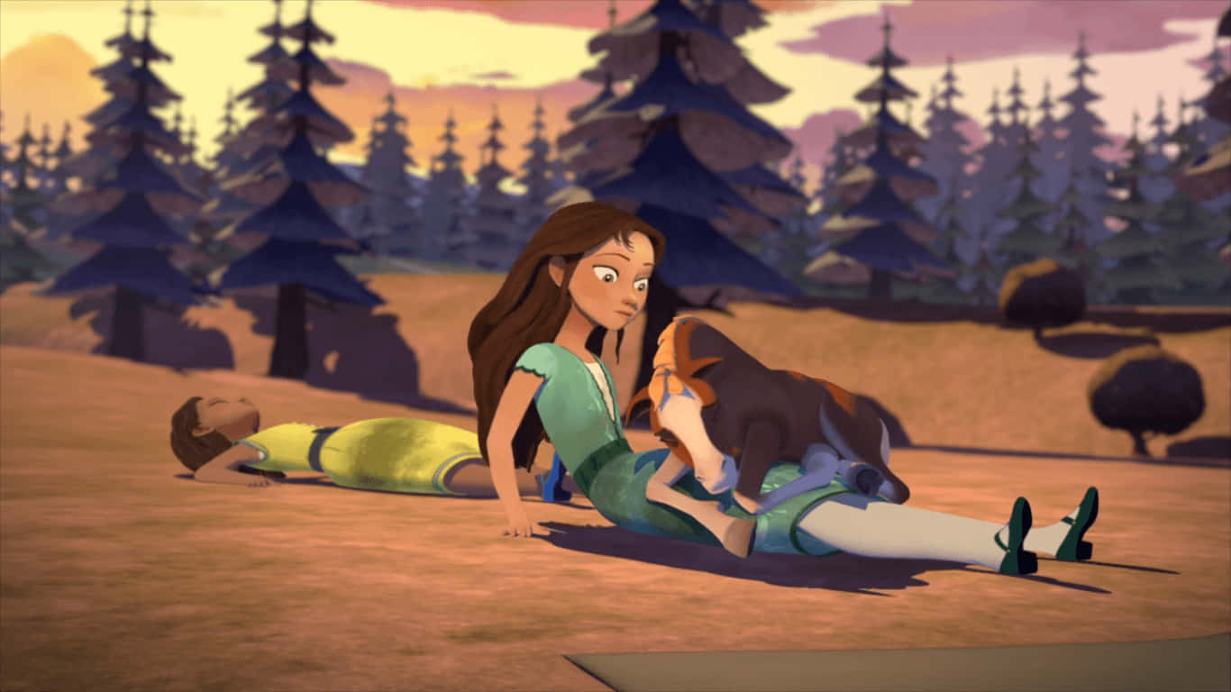 En pige og dreng lægger på jorden i et skov. Wallpaper