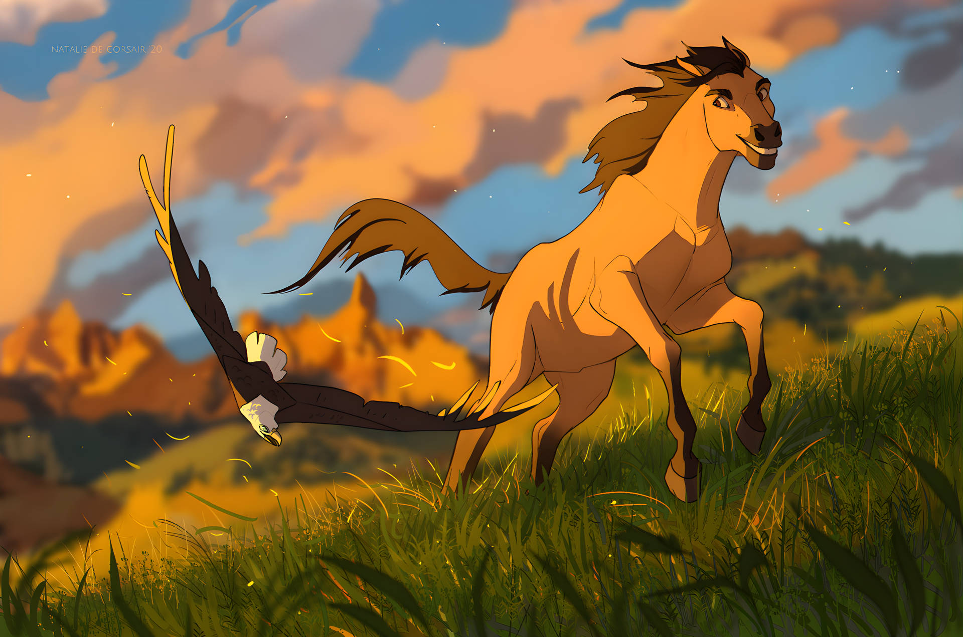 Spirit Stallion af Cimarron Galop gennem solnedgangen Wallpaper