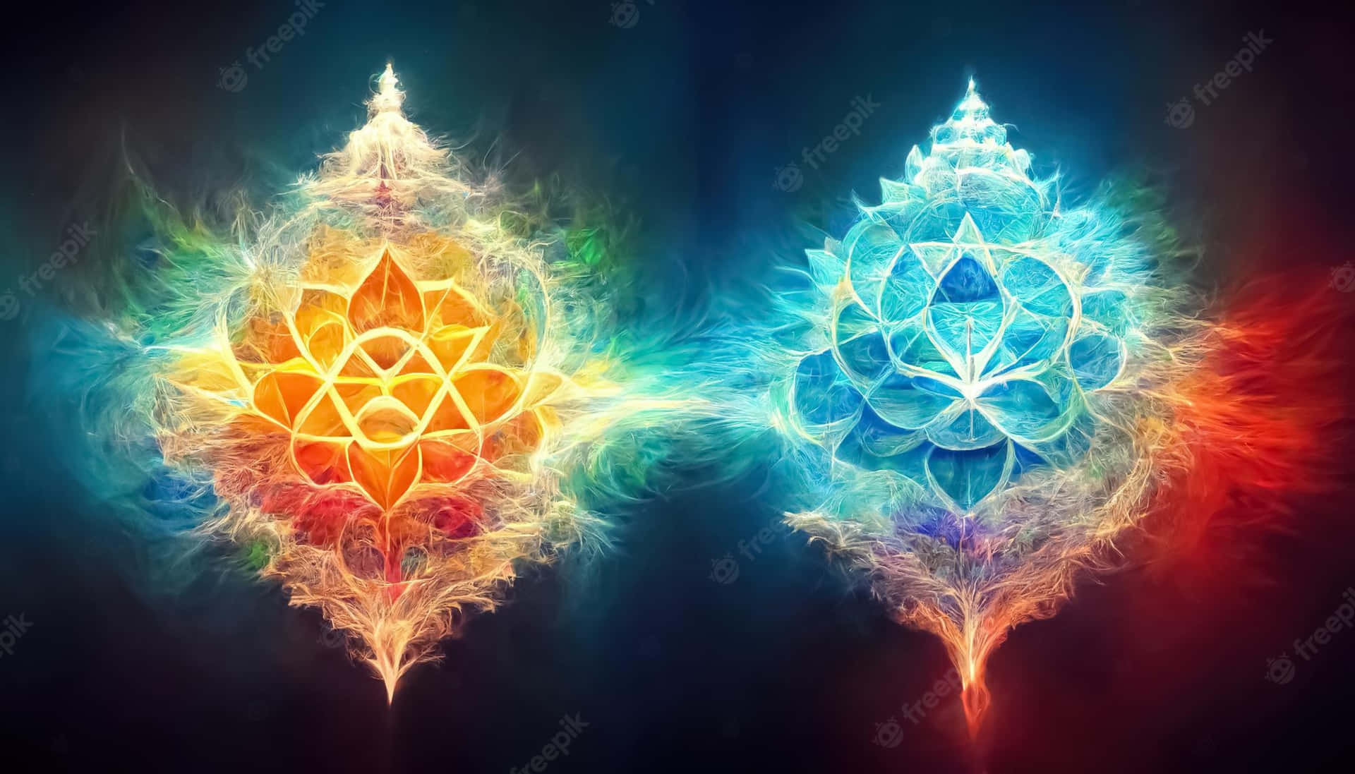 Two Colorful Flower Of Life Symbols On A Dark Background Wallpaper