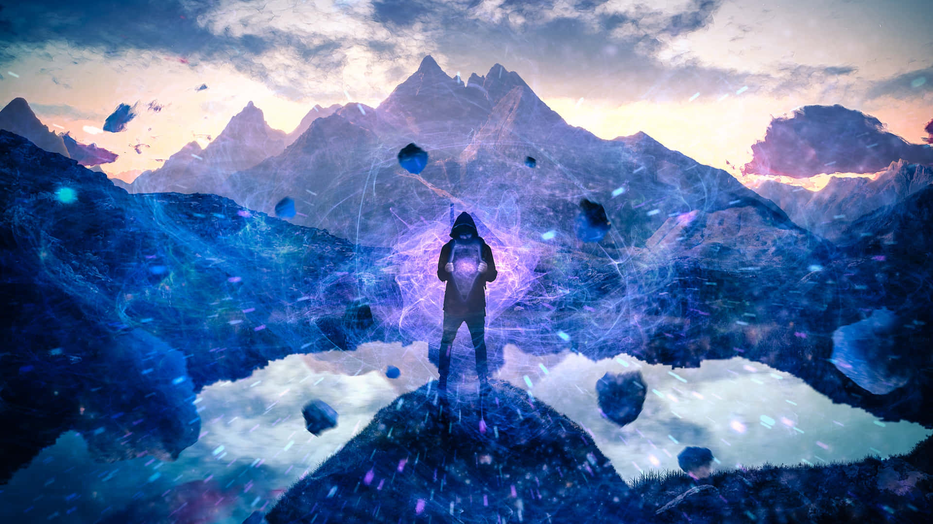 En mand står på toppen af ​​et bjerg med en blåt lys Wallpaper