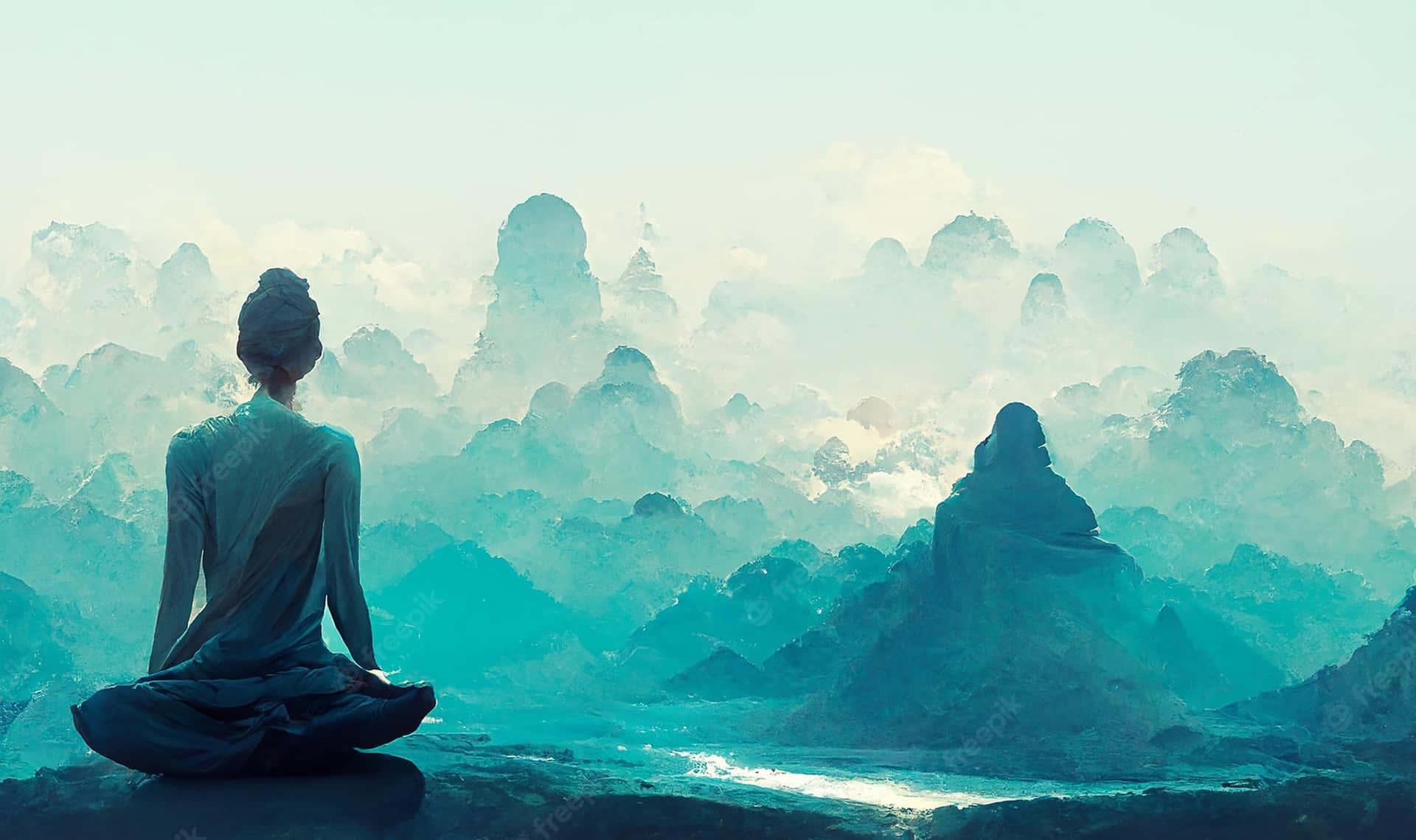 En kvinde sidder i lotusstilling foran bjerge. Wallpaper