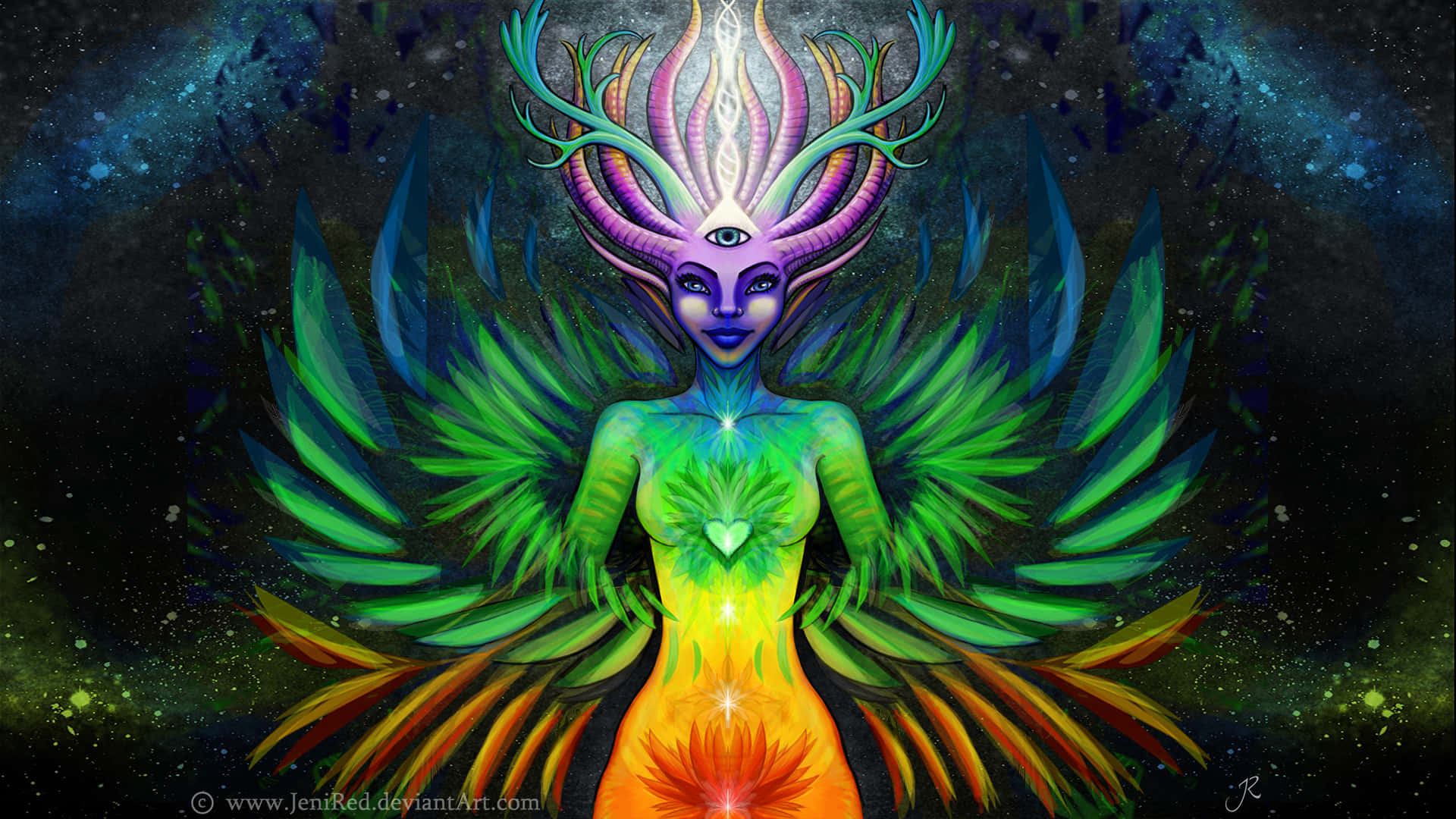 A Colorful Woman With Wings And A Rainbow Background Wallpaper
