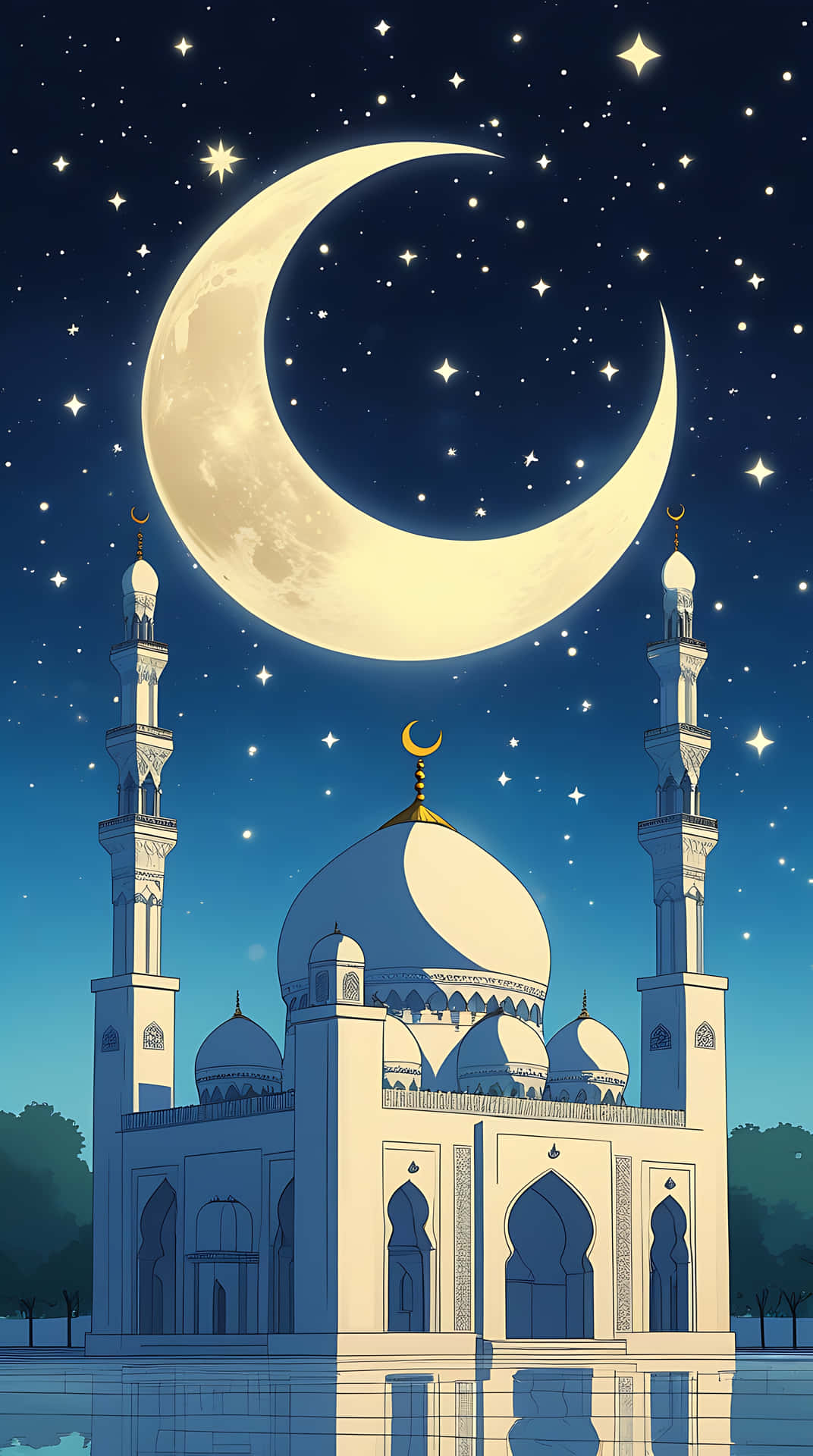 Spiritual Serenity: Mosque Under The Crescent Moon. Smartphone Wallpaper Wallpaper