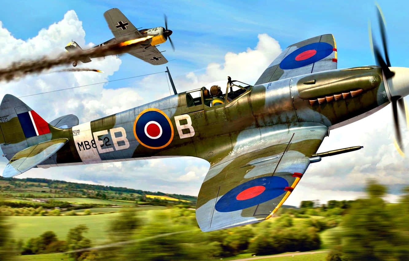 Aviónde Combate Spitfire De La Real Fuerza Aérea (raf) De La Segunda Guerra Mundial Volando Sobre El Campo Inglés. Fondo de pantalla