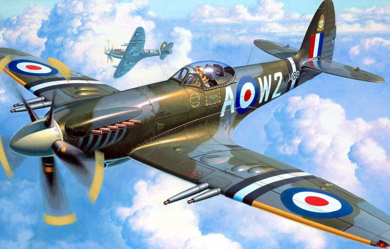 Enmålning Av Två Gamla Krigsflygplan Som Flyger På Himlen. Wallpaper