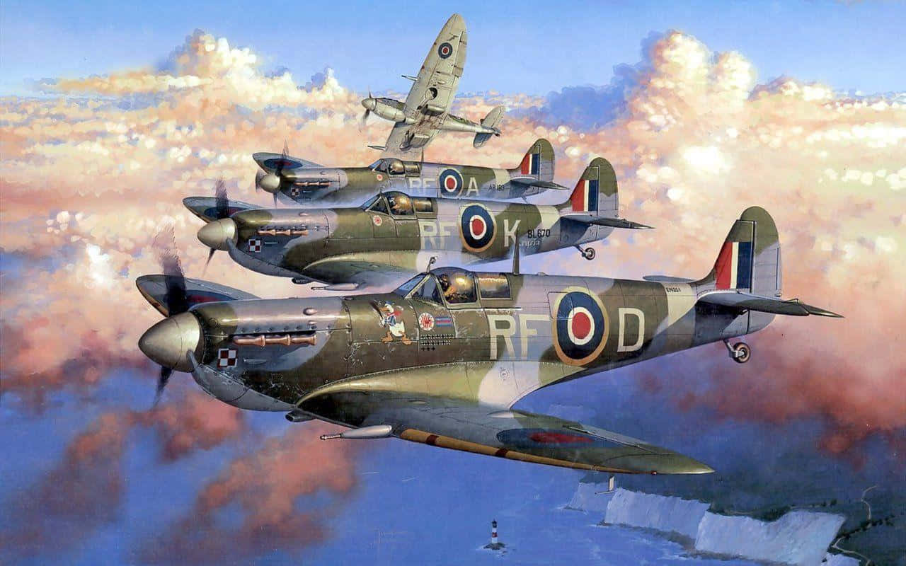 A Painting Of Three Wwii Fighter Planes Flying In The Sky Wallpaper
