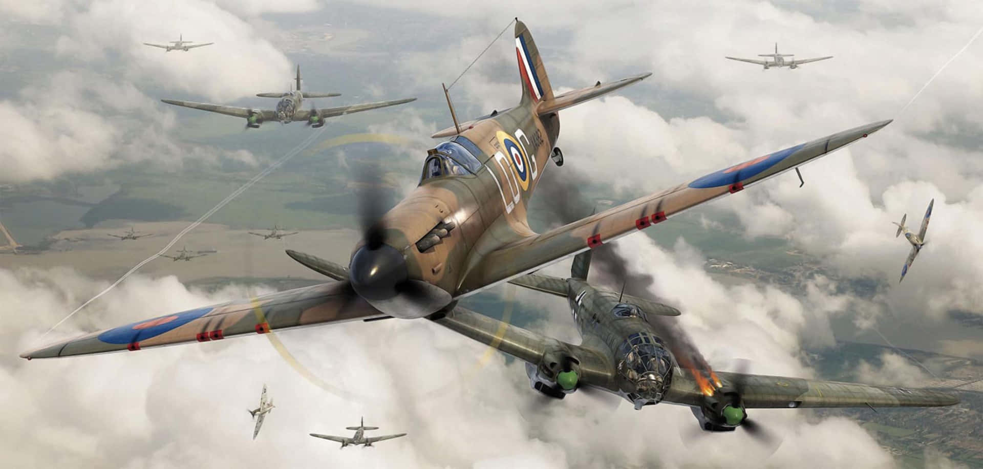 Ettspitfire-flygplan Som Svävar Genom Himlen. Wallpaper