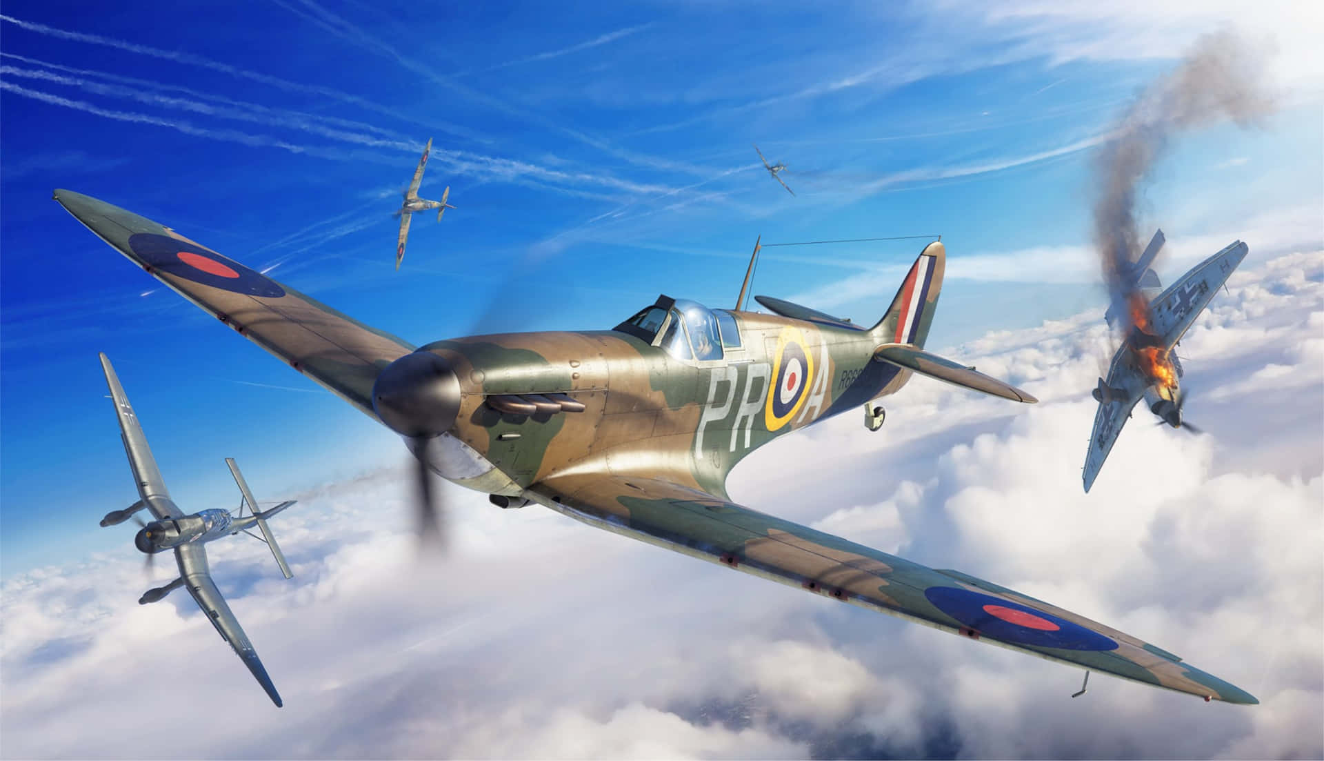 Beautiful British military aircraft, the Spitfire, soaring through the clouds. Wallpaper