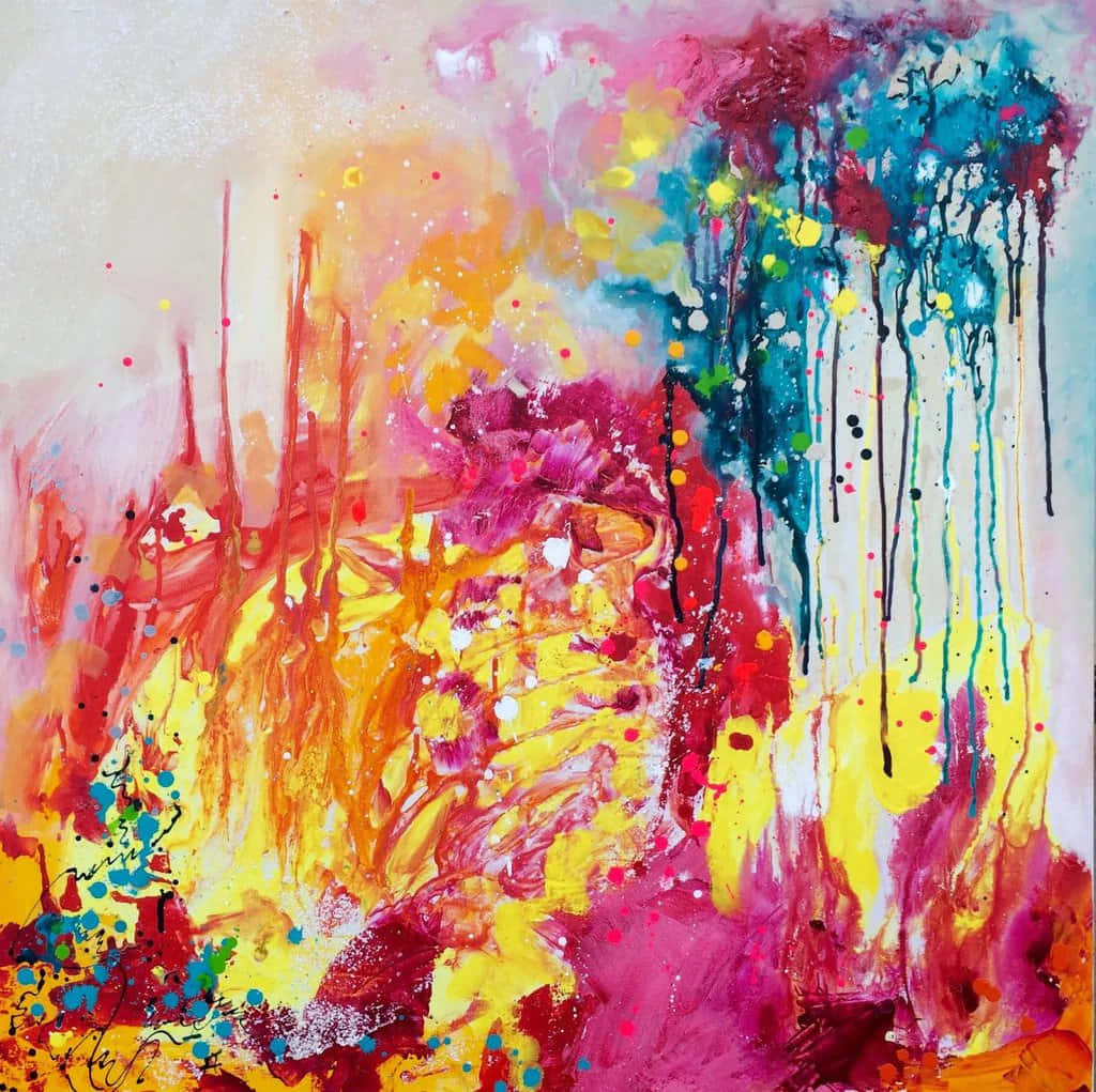 An abstract painting featuring multiple vibrant colors and shapes
