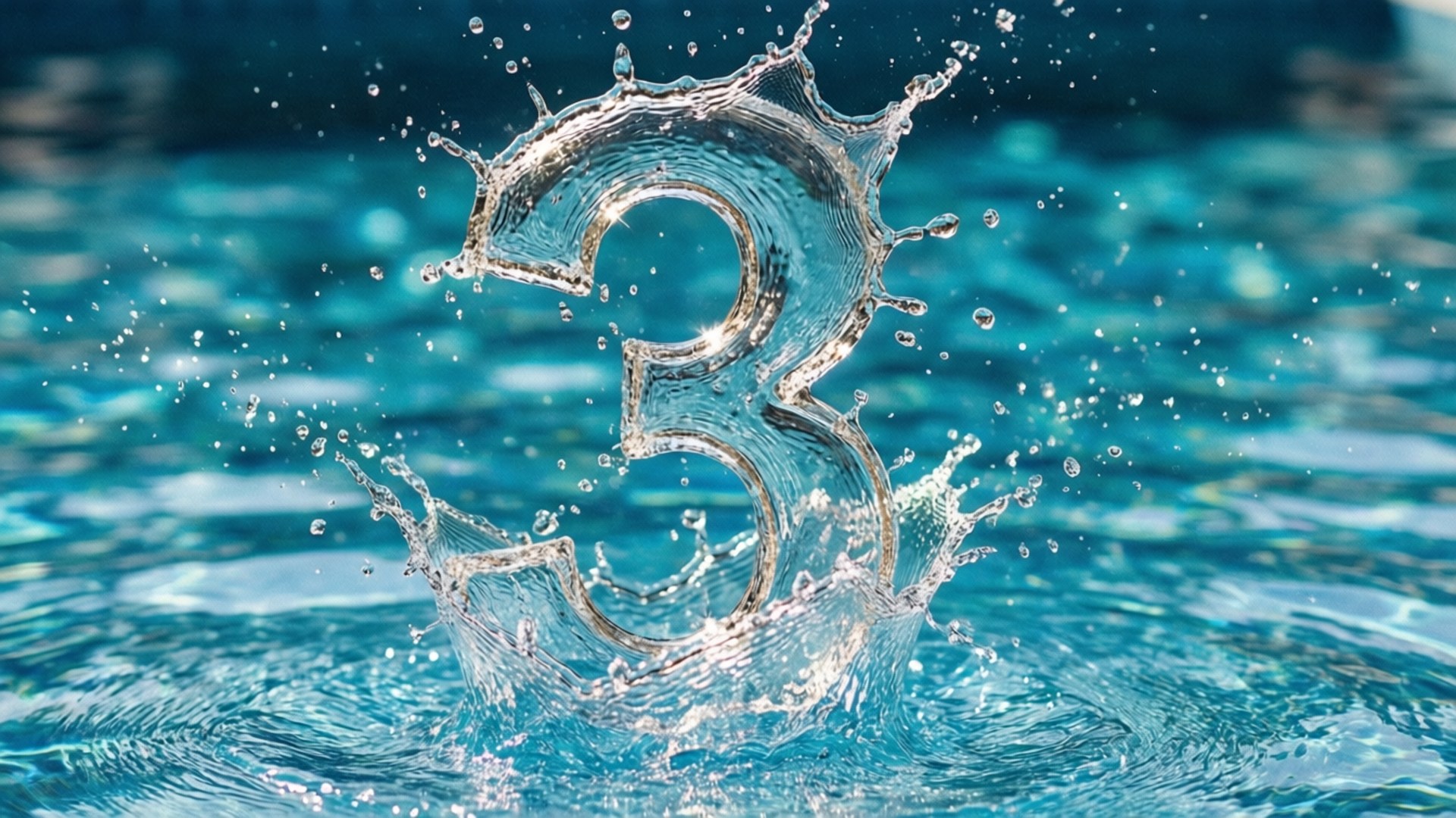 En vattenstänk nummer 3 i en blå pool, dynamisk och uppfriskande.