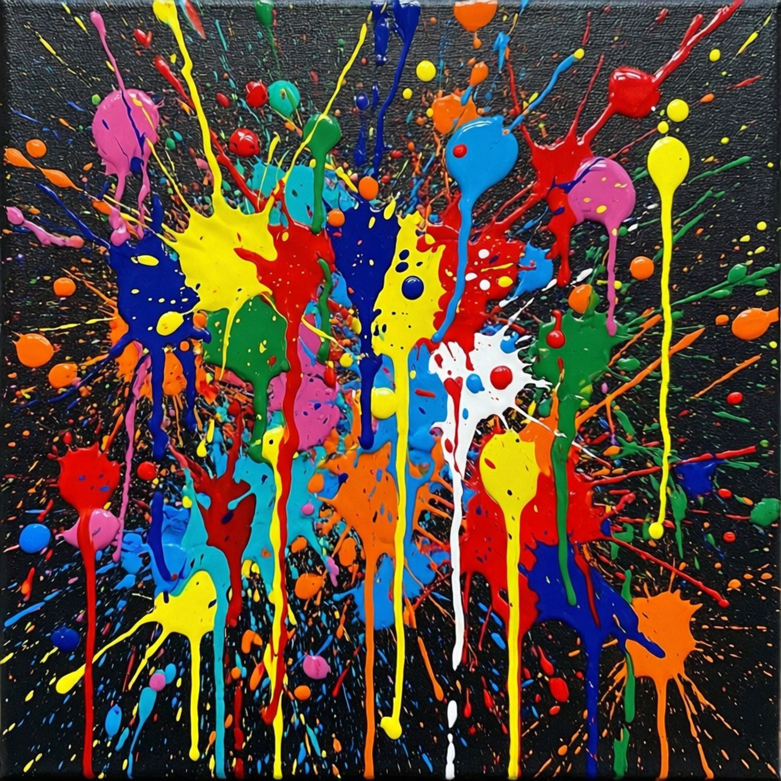 Droppande färgprickar med stänkeffekt, flerfärgad abstrakt expressionism.