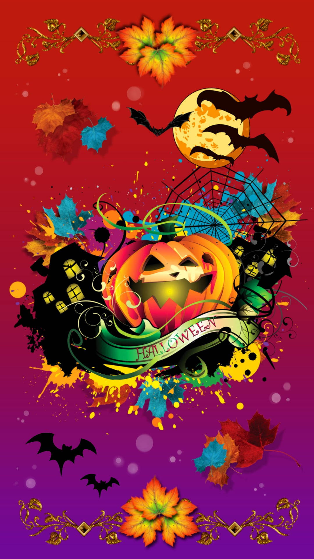 Halloweenflagermus, Hjemsøgt Hus, Blade Og Splash-maling. Wallpaper