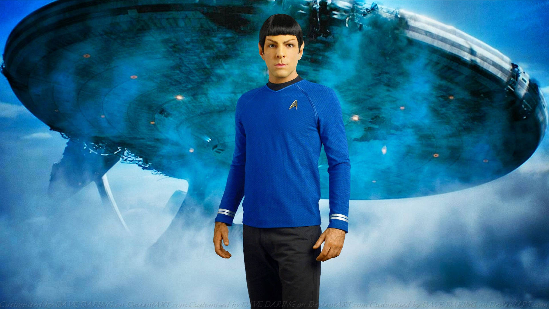 Spock Og Blå Stjerneskib Wallpaper