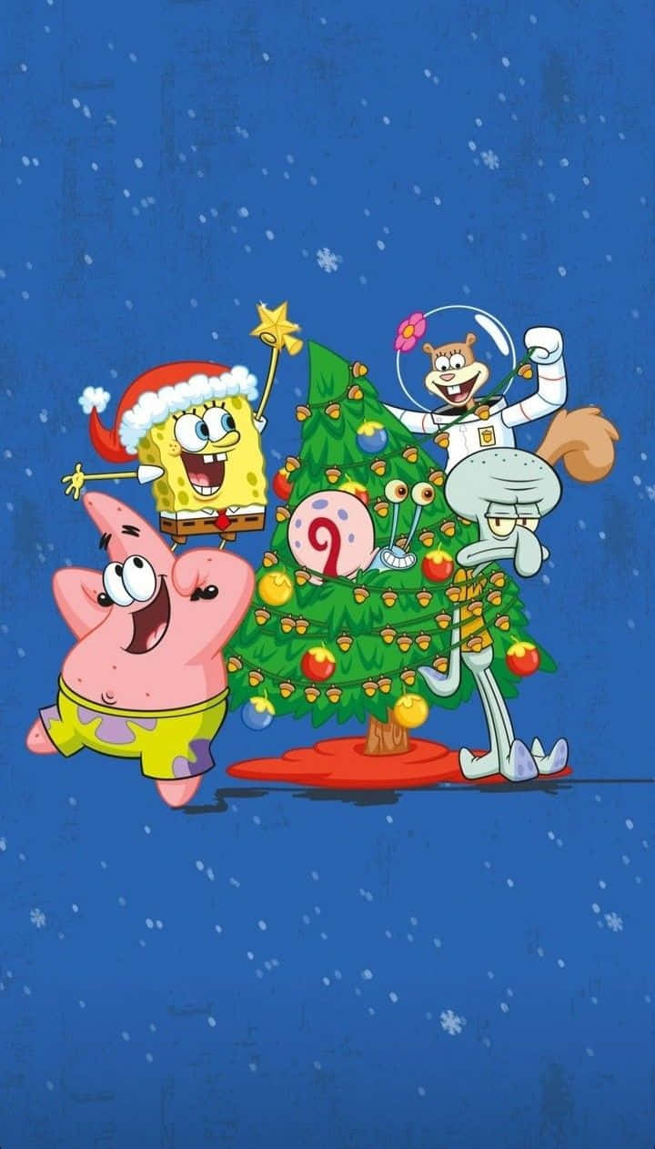 Sponge Bob Christmas Tree Celebration Wallpaper