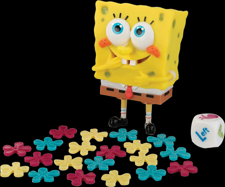 Sponge Bob Figure With Colorful Game Pieces PNG