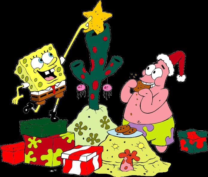 Sponge Bob Patrick Christmas Celebration PNG