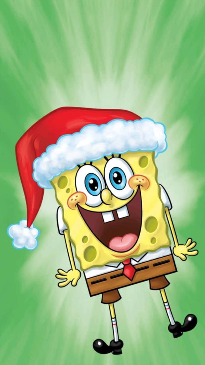 Sponge Bob Santa Hat Christmas Celebration Wallpaper