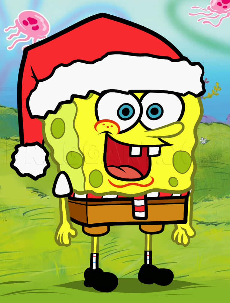 Sponge Bob Santa Hat Christmas Cheer Wallpaper