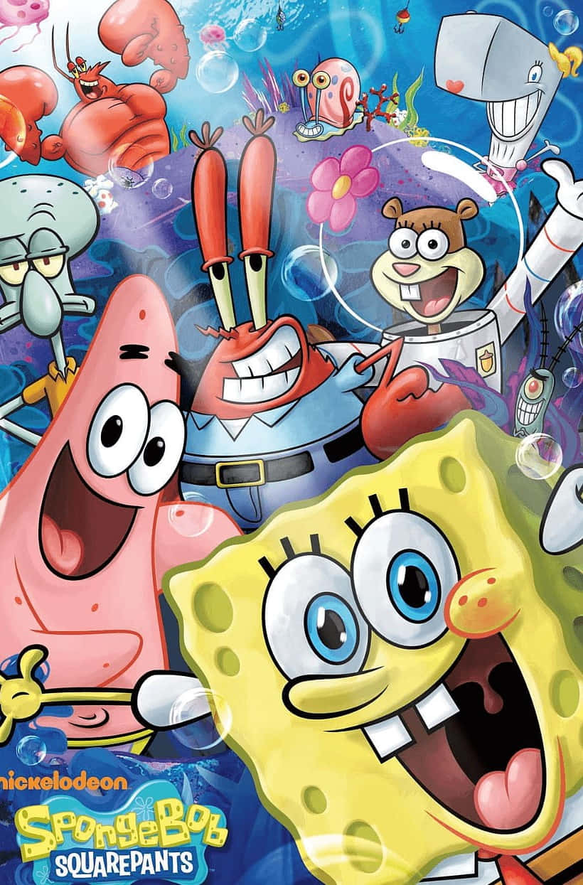 Alle Spongebob-karakterer sammen i en scene. Wallpaper
