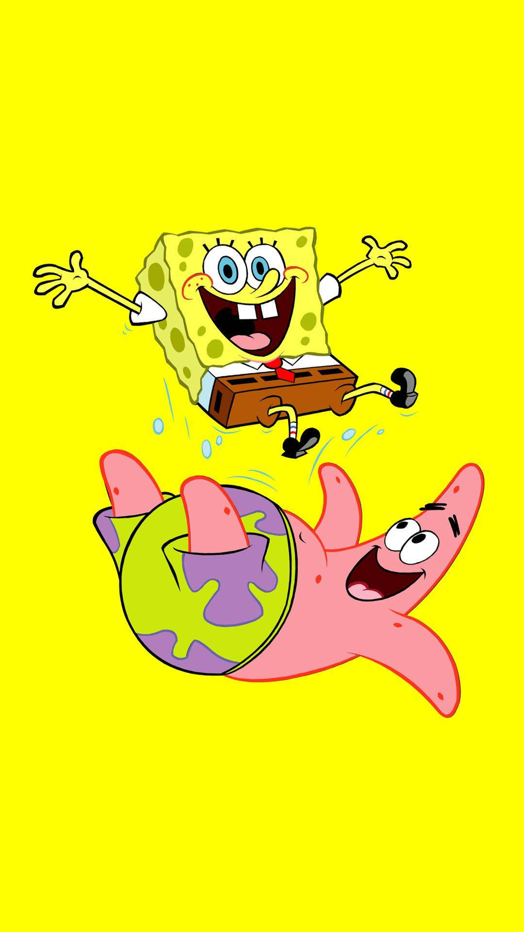"Spongebob and Patrick having a fun day at the beach." Wallpaper — SpongeBob and Patrick joyfully leap through a bright yellow void with cartoonish energy and wide grins.