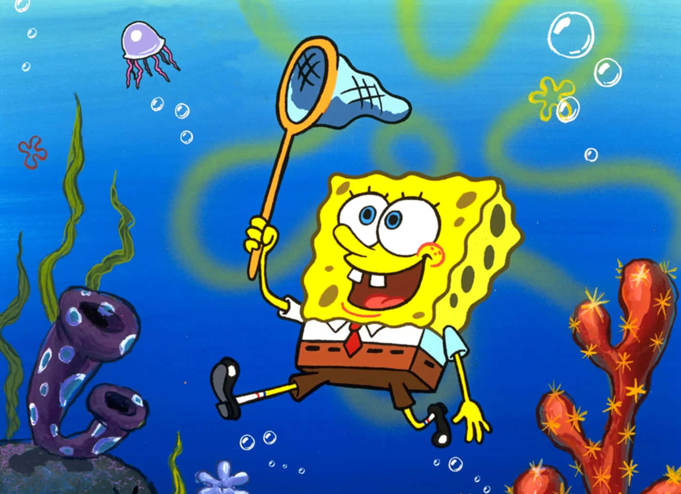 Spongebobsom Fångar Maneter På En Rolig Bild.