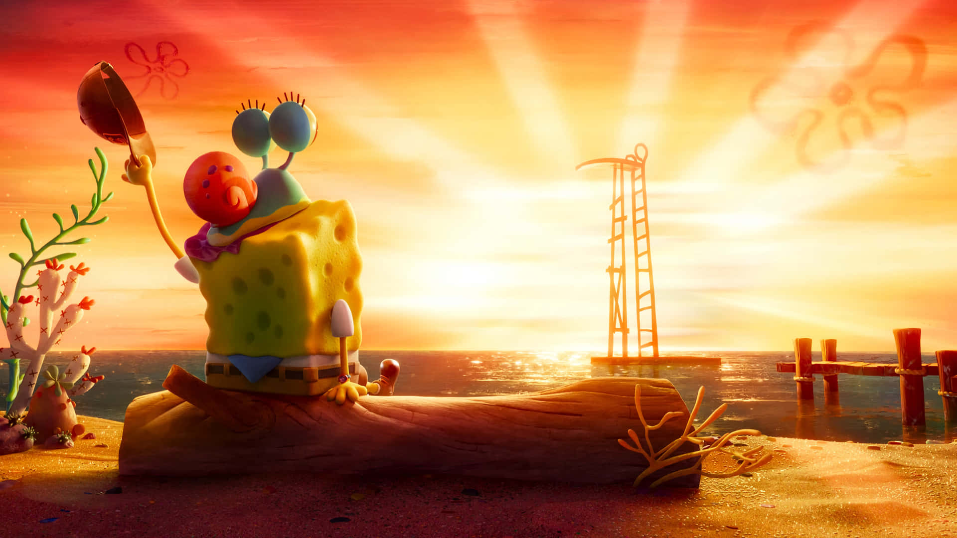 SpongeBob Pfp Solnedgang: Tag en pause ved solnedgang på stranden Wallpaper
