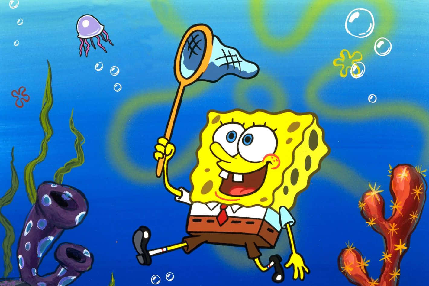 Immaginedi Spongebob Mentre Fa Pesca Alle Meduse