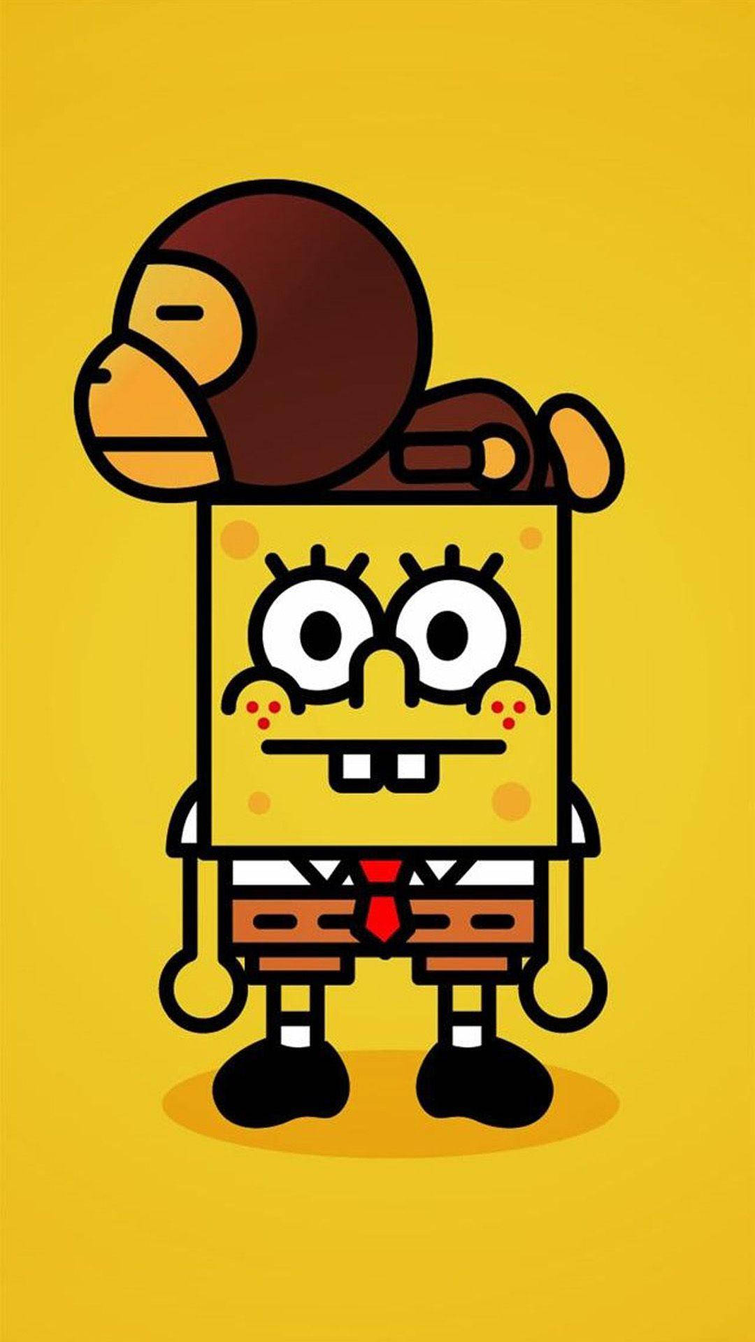 Spongebob With Monkey iPhone X Cartoon Wallpaper